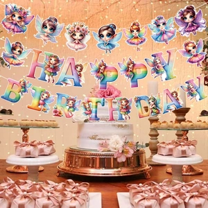 Whimsical fairy theme happy birthday banner set with colorful butterfly elf illustrations