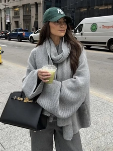 Oversized grey knit sweater and matching scarf set for women, street style fashion