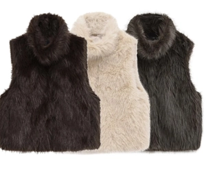 Three colors of faux fur high neck vests in dark brown, beige, and dark grey flat lay