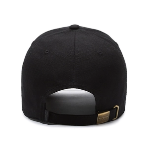 Classic black baseball cap rear view with adjustable bronze metal buckle and strap