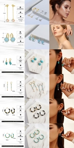 Detailed views of s925 silver turquoise and opal earrings with dimensions and materials