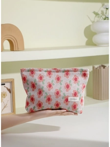 Pink floral knitted makeup bag with large capacity for travel and daily storage