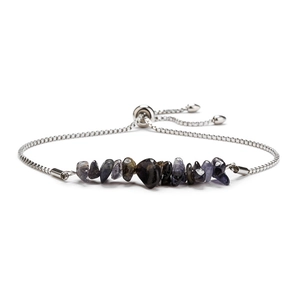 Detail of adjustable silver box chain with natural purple and black crushed stones