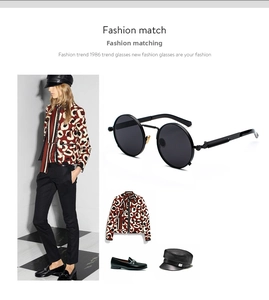 Retro round black sunglasses with metallic spring temples shown in lifestyle fashion collage