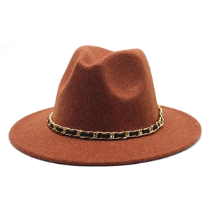 Classic tan wool fedora hat with gold metal chain trim for vintage autumn winter style