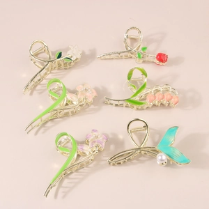 Set of six elegant gold alloy tulip flower and pearl hair claw clips for women