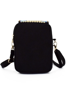 Detail of black canvas crossbody bag with colorful floral embroidery and gold metal clips