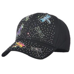 Black baseball cap with colorful rhinestone dragonflies and a six-panel cotton design