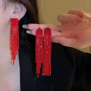 Sparkling red rhinestone tassel drop earrings with long fringe and silver needle studs