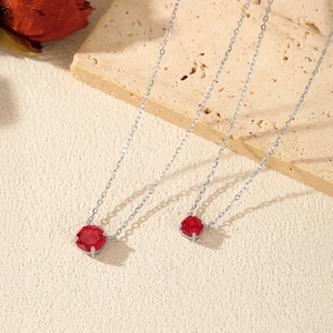 Elegant S925 sterling silver necklace with square garnet red pendant and rose cut sparkling stone
