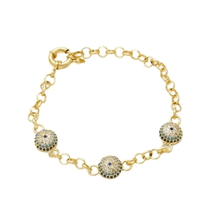 Gold-plated Evil Eye pearl bracelet with zircon encrusted spheres and lobster clasp