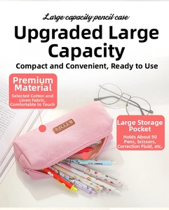 Detail of pink cotton linen pencil case showing large capacity for 50 pens and basic label