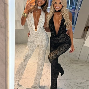 Sexy Halter Neck Lace Jumpsuit Deep V Backless Sleeveless Slim Fit Long Pants Elegant Hollow Out Floral Bodysuit