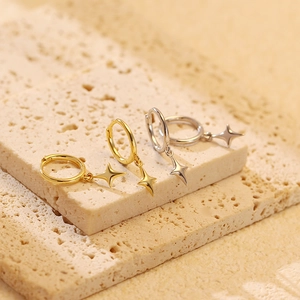 Detail of S925 silver four-point star hoop earrings in gold and silver finishes