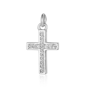 Detailed close-up of a silver cross pendant with clear cubic zirconia on white background