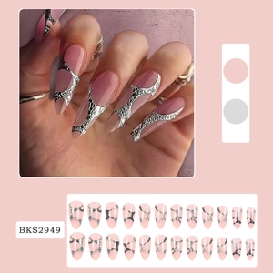 Silver leopard print almond shaped press-on nails with metallic serpent lines