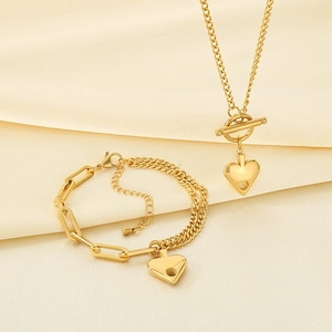 Set in acciaio inossidabile placcato oro 18k con catena cubana, cuore e chiusura OT