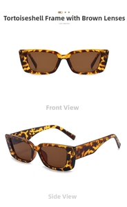 Detail view of tortoiseshell square sunglasses with brown lenses from front and side angles