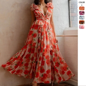 Floral Maxi Dress Polyester Deep V Neck Ruffle Shoulder Waist Cut Out O Ring Backless Vacation Style