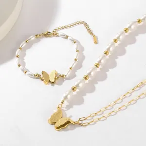Schmetterling Anhänger Halskette Und Armband Edelstahl Künstliche Perlenimitat Asymmetrisch Mode Für Damen