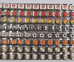 Detailed close-up of DIY modular stainless steel sport charms with enamel finish