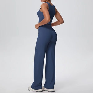 Completo yoga blu scuro con canotta vogatore e pantaloni a gamba larga a vita alta