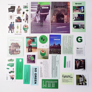 Flat lay of diverse green theme aesthetic stickers for scrapbooking and decoration