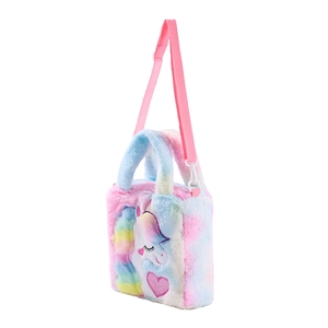 Rainbow plush unicorn shoulder bag with heart embroidery and pink strap for girls