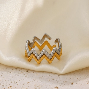 Minimalist bicolor wavy beaded open ring in gold and silver stainless steel