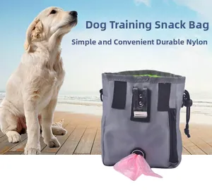 Detail of gray nylon dog treat pouch with green lining and built-in waste bag dispenser