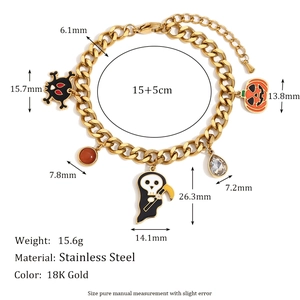 18K gold plated stainless steel Halloween charm bracelet with pumpkin and skull pendants