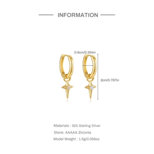 Detail of 925 sterling silver star hoop earrings showing 2cm height and 0.9cm diameter