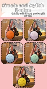 Detail view of five colorful leather smiley face charms in orange, pink, blue, and green