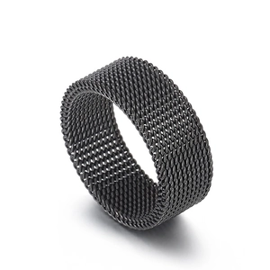 Minimalist black mesh woven titanium steel ring shown from a 45-degree angle