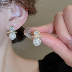 Elegant French vintage gold pearl earrings with square zircon and sparkling diamonds