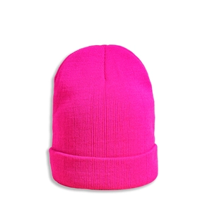 Close-up of bright pink ribbed knit beanie with rolled cuff for winter warmth