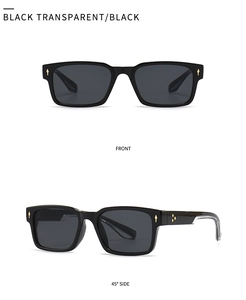 Detail view of square black sunglasses with golden arrow accents in front and side views