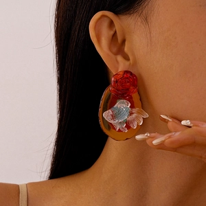 Vintage resin flower and goldfish earrings with red rose and amber oval drop