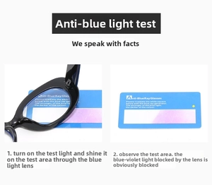 Blue light blocking test for black oval frame glasses showing lens protection efficacy