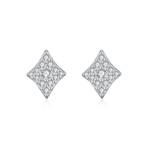 Sparkling S925 sterling silver diamond-encrusted rhombic stud earrings on white background