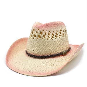 Chapeau de cowboy en raphia avec dégradé rose et détails de tissage évidés