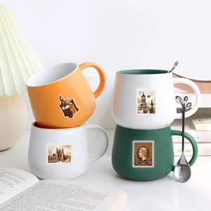 Vintage stamp aesthetic ceramic mugs with leaf-shaped spoons in various colors