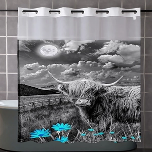 Detailed waffle texture shower curtain featuring realistic highland cow and moon print
