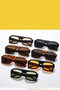 Detailed view of square chunky sunglasses in diverse lens colors and frame patterns