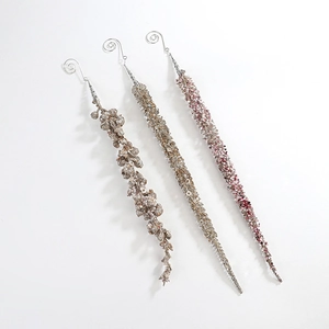 Glitter Christmas icicle ornaments in champagne gold and pink purple for festive tree decor