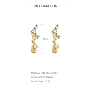 Detailed view of S925 sterling silver gold earrings with AAAAA zircon and dimensions