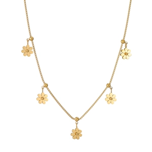 Vue détaillée de cinq pendentifs marguerites dorés sur une chaîne en acier titane