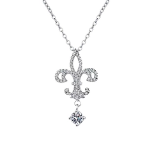 Elegant silver fleur-de-lis pendant necklace with diamonds on a clean white background