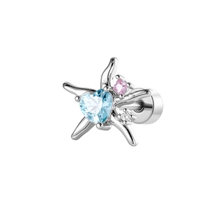Star-shaped silver cartilage earring with heart-shaped light blue and pink zircon stones