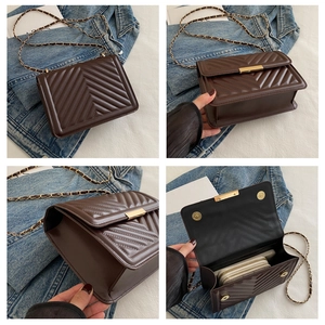 Collage of brown V-quilted crossbody bag with gold chain strap and interior view